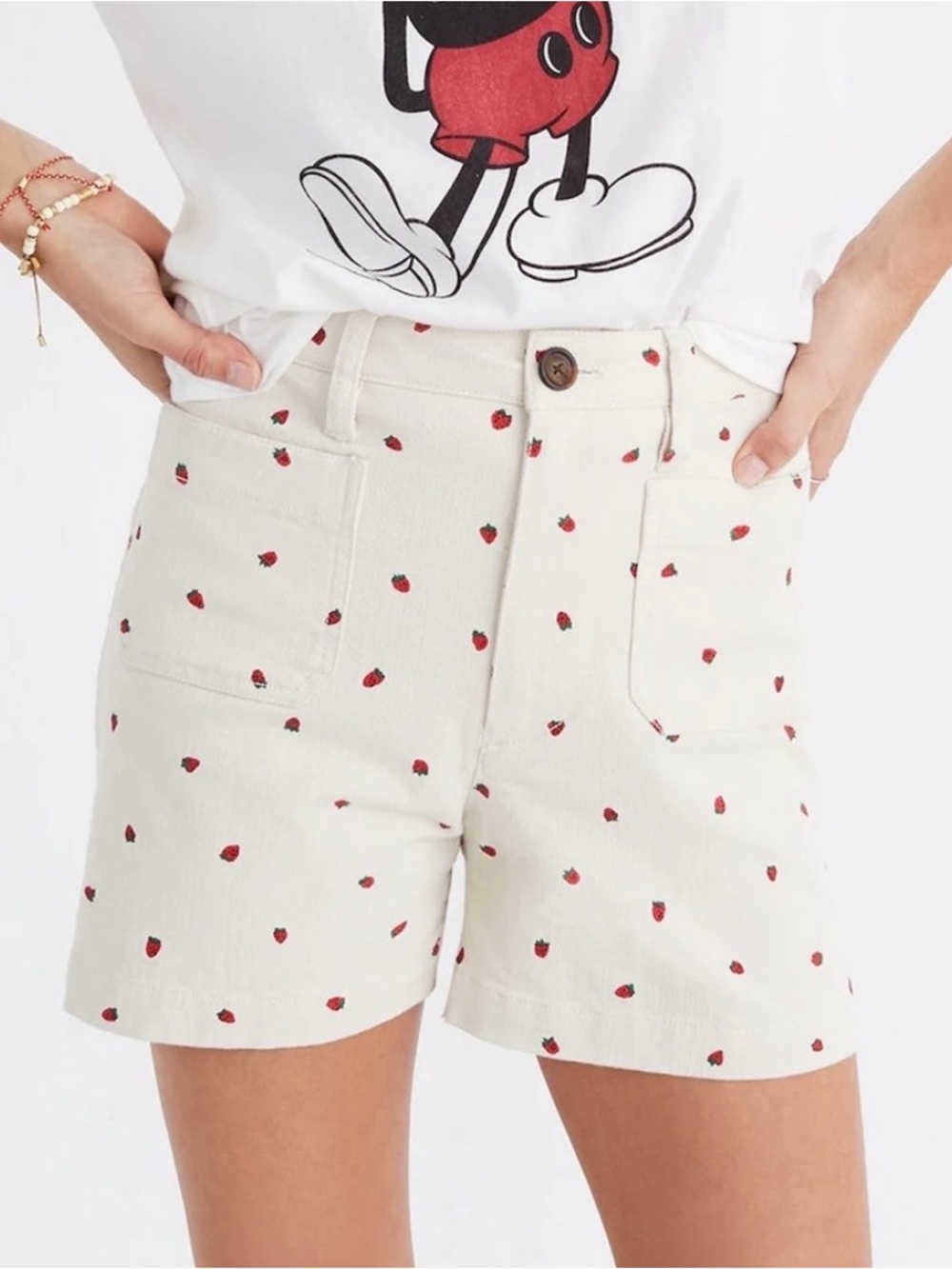 Madewell Cream Strawberry-Print High-Rise Shorts